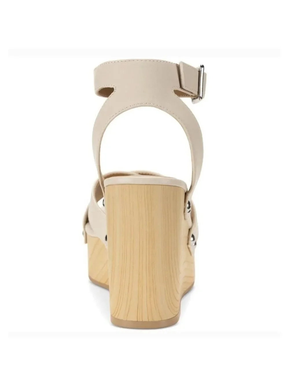 Women Cream Bone Beige Cognac Ankle Strap Classic Wooden Wedge Sandals SZ 10 M